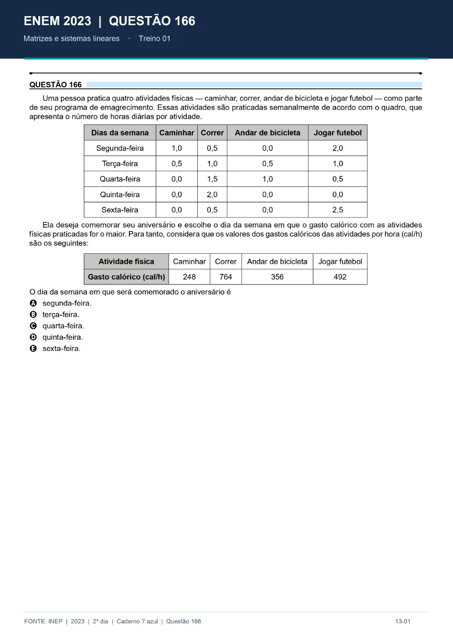Página do material: ENEM 2023, questão 166, caderno Matrizes e sistemas lineares, com a fonte do INEP no rodapé